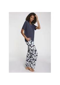 Pyjama Lascana, Damen, Gr. 44/46, blau (blau, gebl&uuml;mt), Single Jersey, Obermaterial: 50% Baumwolle, 45% Viskose, 5% Elasthan, gebl&uuml;mt, bequem, V-Ausschnitt, Homewear-Sets Pyjama, mit sch&ouml;nem Blumenmuster