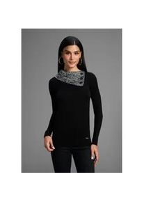 Strickpullover Bruno Banani, Damen, Gr. 44/46, schwarz, Strick, Obermaterial: 50% Viskose, 28% Polyester, 22% Polyamid, kontrastfarbene Details, mehrfarbig, meliert, figurbetont h&uuml;ftbedeckend, Rippb&uuml;ndchen, Pullover Strickpullover, mit offenem Rollkragen