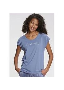 Pyjamaoberteil Vivance DREAMS, Damen, Gr. 48/50, blau (hellblau), Single Jersey, Obermaterial: 50% Baumwolle, 50% Viskose, unifarben, Basic, Rundhals, Shirts, mit kleinem Frontprint