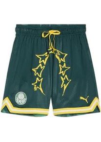 Sporthose Puma "Puma HOOPS x SE PALMEIRAS Basketballshorts Herren", Damen, Gr. S, Normalgr&ouml;&szlig;en, malachite jade gr&uuml;n aop, Innenmaterial: 100% Polyester; Au&szlig;enseite: 100% Polyester; Taschenfutter: 100% Polyester, regular fit, Hosen Sporthose