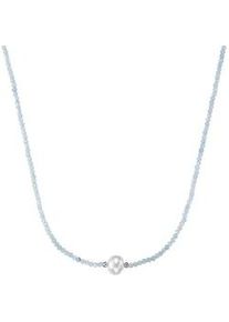 Collier Smart Jewel "mit Stein-Kugeln + Muschelkern-Perle, Silber 925", blau (hellblau), Halsketten, Damen, 45cm, Silber 925 (Sterlingsilber), Collier