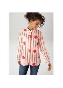 Hemdbluse Aniston CASUAL, Damen, Gr. 36, orange (wollwei&szlig;, dunkelorange, rot), Web, Obermaterial: 100% Baumwolle, gebl&uuml;mt, gestreift, l&auml;ssig geschnitten Po-bedeckend, 1-Knopf-Manschette, Blusen Hemdbluse, mit Streifen und Bl&uuml;ten verziert