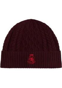 Beanie Tommy Hilfiger "TH CREST KNIT", Damen, deep burgundy, blau, Strick, Wollmischung, M&uuml;tzen Beanie, Zopfstrickmuster, mit TH-Wappen
