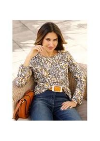 Langarmshirt Classic Basics "Langarm-Shirt", Damen, Gr. 52, beige (ecru, anthrazit, bedruckt), 100% Baumwolle, gemustert, mehrfarbig, Rundhals, Shirts Langarmshirt