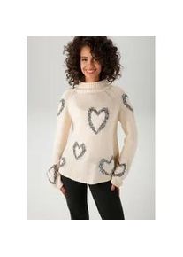 Strickpullover Aniston CASUAL, Damen, Gr. 34, grau (hellbeige, anthrazit, hellblau), Grobstrick, Obermaterial: 70% Polyacryl, 30% Polyamid, Jacquardmuster, l&auml;ssig geschnitten taillenbedeckt, Raglan&auml;rmel Rippstrickb&uuml;ndchen, Pullover Strickpullover, mit eingestrickten Herzen, Topseller