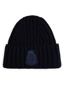 Beanie Tommy Hilfiger "TH CREST FLUFFY", Damen, blau (space blau), Strick, Wolle, M&uuml;tzen Beanie, f&uuml;r Frauen, aus Rippstrick, TH-Wappen-Patch an Umschlag