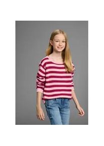 Strickpullover Kidsworld "Ringelpullover", Kinder, Gr. 128/134, rot (bordeaux geringelt), Feinstrick, Obermaterial: 50% Baumwolle, 50% Polyacryl, geringelt, mehrfarbig, Basic, U-Boot-Ausschnitt, Rippb&uuml;ndchen, Pullover Strickpullover, Ringelpullover mit Rollsaum