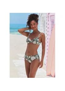 B&uuml;gel-Bikini-Top s.Oliver "Lady", Damen, Gr. 40, Cup F, gr&uuml;n (olive, creme), Microfaser, Recycling-Polyamid, gebl&uuml;mt, Bikini-Oberteile, mit floralem Design
