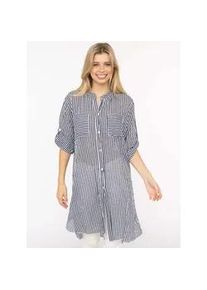 Longbluse Zwillingsherz "Kida", Damen, marine, Web, Obermaterial: 100% Baumwolle, comfort fit lang, V-Ausschnitt, Krempel&auml;rmel 1-Knopf-Manschette, Blusen Longbluse, One Size, Streifen, Knopfleiste, Brusttaschen, 3/4-Arm