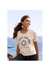 H.I.S. T-Shirt H.I.S, Damen, Gr. 40/42, braun (camelfarben gestreift), Web, Obermaterial: 100% Baumwolle, gestreift, figurumspielend h&uuml;ftlang, Rundhals, normaler Saum, Shirts T-Shirt, gestreift mit Print, Loungewear