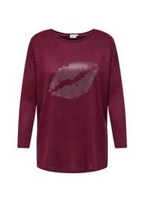 Longshirt Only CARMAKOMA "CARALBA LS LONG TOP JRS", Damen, Gr. S, zinfandel detail:lips, Jersey, Obermaterial: 95% Polyester, 5% Elasthan, bedruckt, loose fit Po-bedeckend, Rundhals, Shirts Longshirt, mit Glitzernieten