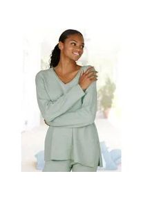 Strickpullover Lascana, Damen, Gr. 40/42, gr&uuml;n (mint), Feinstrick, Obermaterial: 50% Viskose (LENZINGTM ECOVEROTM), 28% Polyester, 22% Polyamid, meliert, figurumspielend h&uuml;ftlang, V-Ausschnitt, normaler Saum, Pullover Strickpullover, l&auml;ssiger Loungepullover mit seitlichen Schlitz, Loungewear