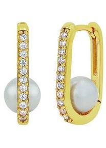 Paar Creolen Amor, gelbgoldfarben, wei&szlig;, wei&szlig;, Ohrringe, Damen, 5mm, Perlen Silber 925 (Sterlingsilber), Perlen, Silber 925 (Sterlingsilber), mit Zirkonia (synth.) und Muschelkernperle