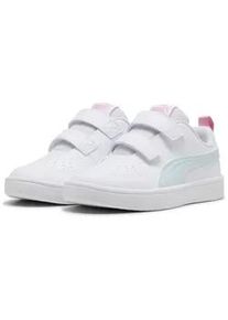 Sneaker Puma "Puma Rickie V Sneakers Kinder", Kinder, Gr. 30, wei&szlig; (wei&szlig; sea glass pinkscape blau pink), Obermaterial: Synthetik, Textil, Leder; Futter: Textil; Innensohle: Textil; Laufsohle: TR (Thermoplastischer Gummi), Gummi, Schuhe Sneaker