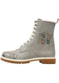 Schn&uuml;rboots DOGO "Wb Longe Boots Schn&uuml;rstiefel Double Trouble Damen Stiefeletten", Damen, Gr. 41, Normalschaft, grau, gelb, Lederimitat, Schuhe Schn&uuml;rboots, Handgefertigt