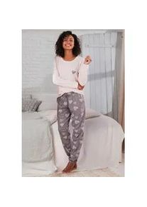 Pyjama Vivance DREAMS, Damen, Gr. 56/58, rosa, grau, Single Jersey, Obermaterial: 60% Baumwolle, 40% Polyester, gemustert, Basic, loose fit lang, Rundhals, eingesetzt angesetztes B&uuml;ndchen, Homewear-Sets Pyjama, mit s&uuml;&szlig;em Herzchen-Print, Topseller