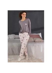 Pyjama Vivance DREAMS, Damen, Gr. 36/38, grau, rosa, Single Jersey, Obermaterial: 60% Baumwolle, 40% Polyester, gemustert, Basic, loose fit lang, Rundhals, eingesetzt angesetztes B&uuml;ndchen, Homewear-Sets Pyjama, mit s&uuml;&szlig;em Herzchen-Print