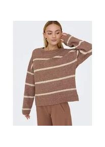Strickpullover Only "ONLOXFORD LIFE LS STRIPE O-NECK KNT", Damen, Gr. S, friar braun stripes:humus, melange, Strick, Obermaterial: 86% Polyester, 7% Polyacryl, 4% Wolle, 3% Elasthan, gestreift, relaxed fit normal, Rundhals, Pullover Strickpullover