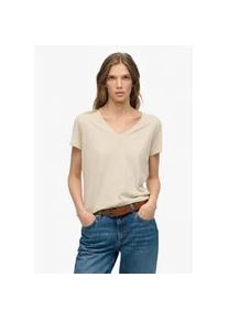 T-Shirt Superdry "STUDIOS SLUB EMB VEE TEE", Damen, Gr. XS, feather grau, Single Jersey, Obermaterial: 60% Baumwolle, 40% Lyocell, unifarben, regular fit normal, V-Ausschnitt, Shirts T-Shirt, Baumwollmischung, relaxed fit