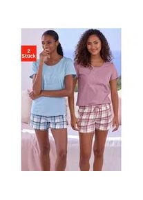 Shorty Vivance DREAMS, Damen, Gr. 48/50, blau und mauve kariert, Single Jersey, Obermaterial: 100% Baumwolle, kariert, Basic, Basic kurz, Rundhals, eingesetzt, Homewear-Sets Shorty, mit karierter Pyjamashorts
