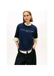 Langarmshirt Tommy Hilfiger "CORP LOGO TRAPEZE C-NK TEE", Damen, Gr. S (36), schwarz night navy, Single Jersey, Obermaterial: 100% Baumwolle, bedruckt, regular fit, Rundhals, Shirts Langarmshirt