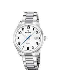Quarzuhr Festina "Classic Steel", silberfarben, wei&szlig;, Armbanduhren, Herren, Quarzuhr, Armbanduhr, Herrenuhr, Edelstahlarmband, analog, Tag