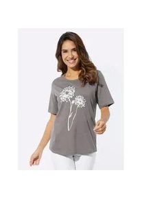 Rundhalsshirt Classic Basics "Rundhals-Shirt", Damen, Gr. 38, grau (grau, wei&szlig;, bedruckt), 100% Baumwolle, gebl&uuml;mt, gemustert, Rundhals, Shirts Rundhalsshirt