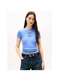 Tommy Hilfiger Kurzarmshirt TOMMY JEANS "TJW SLIM TOMMY 85 RIB SS TEE", Damen, Gr. XS (34), light horizon blau, Single Jersey, Obermaterial: 95% Baumwolle, 5% Elasthan, bedruckt, figurbetont, Rundhals, Shirts, in gerippter Struktur