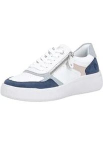Plateausneaker Remonte, Damen, Gr. 44, wei&szlig;, jeansblau, Leder, Lederimitat, kontrastfarbene Details, Schuhe Plateausneaker, Schn&uuml;rschuh, Halbschuh, Freizeitsneaker mit Schaftrandpolsterung