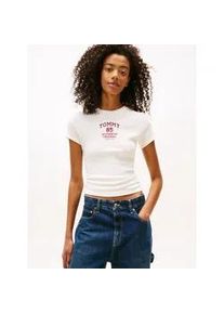 Tommy Hilfiger Kurzarmshirt TOMMY JEANS "TJW SLIM TOMMY 85 RIB SS TEE", Damen, Gr. S (36), ancient wei&szlig;, Single Jersey, Obermaterial: 95% Baumwolle, 5% Elasthan, bedruckt, figurbetont, Rundhals, Shirts, in gerippter Struktur