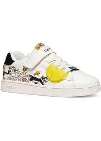 Sneaker Geox "J ECLYPER BOY", Damen, Gr. 31, wei&szlig;, schwarz, Lederimitat, Textil, Schuhe Sneaker, Klettschuh mit Looney Tunes Motiv, Gr&ouml;&szlig;enschablone zum Download