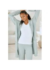 Longstrickjacke Lascana, Damen, Gr. 32/34, blau (mint), Feinstrick, Obermaterial: 50% Viskose (LENZINGTM ECOVEROTM), 28% Polyester, 22% Polyamid, meliert, figurumspielend lang, normaler Saum, Strickjacken Longstrickjacke, mit aufgesetzte Taschen und Umlegekragen, Loungewear