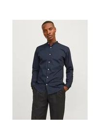 Jack & Jones Langarmhemd JACK & JONES "JJJOE SHIRT LS PLAIN MAO", Herren, Gr. XS, N-Gr, navy blazer, Web, Obermaterial: 65% Polyester, 35% Baumwolle, unifarben, slim fit h&uuml;ftlang, Hemden
