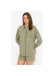 Shorty LSCN BY LASCANA, Damen, Gr. 32/34, dunkelgr&uuml;n, gold gestreift, Single Jersey, Obermaterial: 50% Baumwolle, 50% Viskose, gestreift, mehrfarbig, loose fit h&uuml;ftbedeckend, eingesetzt Manschette, Homewear-Sets Shorty, mit Streifendruck