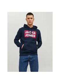 Jack & Jones Kapuzensweatshirt JACK & JONES "JJECORP Kapuze und Frontprint", Herren, Gr. XL, blau (navy blazer), Obermaterial: 61% Polyester, 39% Baumwolle, bedruckt, normal, Rundhals, B&uuml;ndchen, Sweatshirts, bedruckt, modisch, regular fit, Baumwollmischung, Rundhals