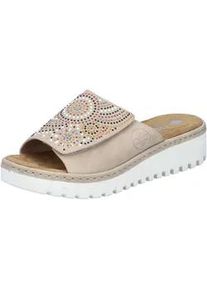 Pantolette Rieker, Damen, Gr. 42, beige (hellbeige), Lederimitat, kontrastfarbene Details, Schuhe Pantolette, Sommerschuh, Strandschuh, Hausschuh mit regulierbarem Klettverschluss