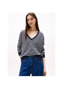 Tommy Hilfiger V-Ausschnitt-Pullover TOMMY JEANS "TJW ESSENTIAL VNECK SWEATER EXT", Damen, Gr. M (38), blau (schwarz night navy, stripe), Strick, Obermaterial: 100% Baumwolle, unifarben, normal normal, V-Ausschnitt, Rippstrickb&uuml;ndchen, Pullover, mit Logostickerei