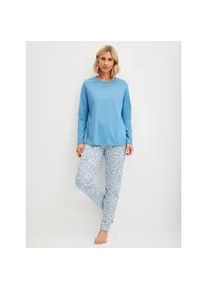 Schlafanzug Calida "Cotton Special", Damen, Gr. XS (36/38), blau (riviera blau), Single Jersey, Obermaterial: 100% Baumwolle, gemustert, unifarben, bequem lang, Rundhals, gerader Abschluss, Homewear-Sets Schlafanzug, Langarm, bequem, Baumwolle, Rundhals-Ausschnitt