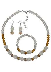 Collierkettchen Steuer "Metall Glasstein mittelbraun Glasperle wei&szlig;", gelb, Halsketten, Damen, 54,0cm, Metall, L: 54, gl&auml;nzend