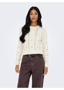 Rundhalspullover Only "ONLRITA LIFE LS EMBR CABLE KNT NOOS", Damen, Gr. XS, ecru detail:cashmere blau flower, Strick, Obermaterial: 53% Baumwolle, 47% Polyester, bestickt, unifarben mit Farbeinsatz, normal, Rundhals, Pullover Rundhalspullover, mit Schleifen Stickerei