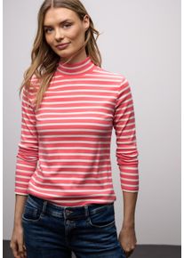 Langarmshirt Street One, Damen, Gr. 42, striking coral, Jersey, Obermaterial: 95% Baumwolle, 5% Elasthan, gestreift, tailliert h&uuml;ftbedeckend, Rundhals, Shirts Langarmshirt, in Streifen-Optik und mit Turtleneck
