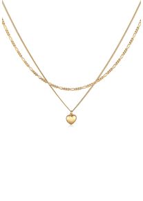 Silberkette Elli "Halskette Layer Herz Figaro 2-lagig 925 Silber" Gr. 40, gold, Halsketten, Damen, Silber 925 (Sterlingsilber), Silberkette