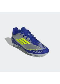 Fu&szlig;ballschuh adidas Performance "F50 CLUB MESSI KIDS FG/MG", Kinder, Gr. 38,5, gelb (silber metallic, solar gelb, lucid blau), Synthetik, Schuhe Fu&szlig;ballschuh, f&uuml;r Rasenpl&auml;tze, f&uuml;r Kinder & Jugendliche
