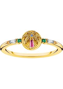 Fingerring Thomas Sabo "Festival Vibes: Ring mit Palme" Gr. 52, gold (gelbgoldfarben, rot, wei&szlig;, orange, blau, gr&uuml;n), Fingerringe, Damen, 52, Silber 925 (recycelt), Fingerring, mit Glas-Keramik Stein, Korund (synth.), Zirkonia (synth.)