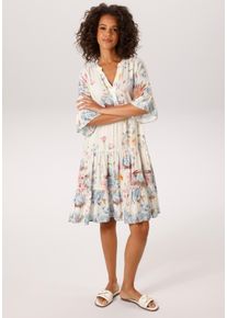 Tunikakleid Aniston CASUAL, Damen, Gr. 40, N-Gr, wollwei&szlig;, hellblau, hellt&uuml;rkis, blau, orange, apricot, pink, rosa, malve, gr&uuml;n, hellgr&uuml;n, gelb, braun, hellbraun, Web, Obermaterial: 100% Viskose, bedruckt, gebl&uuml;mt, l&auml;ssig geschnitten knieumspielend, V-Ausschnitt, Volant, Kleider Tunikakleid, mit malerischen Blumen bedruckt- NEUE KOLLEKTION, Topseller