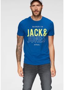 Jack & Jones T-Shirt JACK & JONES "JCOKOMPO Kurzarm-Design mit Print und optimaler Passform", Damen, Gr. XL, blau (nautic blau), Single Jersey, Obermaterial: 100% Baumwolle, Basic schmal normal, Rundhals, Shirts T-Shirt, Print, modisch, regular fit, Baumwolle, Rundhals