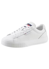 Plateausneaker Tommy Jeans "TJW CUPSOLE SNEAKER ESS", Damen, Gr. 35, beige (ecru), Leder, Lederimitat, Schuhe Plateausneaker, mit Logoaufn&auml;her an der Zunge, Freizeitschuh, Halbschuh, Schn&uuml;rschuh