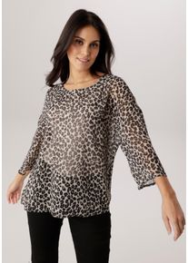 Schlupfbluse Aniston SELECTED, Damen, Gr. 46, braun (beige, schwarz, camel), Chiffon, Obermaterial: 100% Polyester, bedruckt, gemustert, l&auml;ssig geschnitten h&uuml;ftlang, Rundhals, abgesteppte Kante, Blusen Schlupfbluse, im modischen Animal-Print - NEUE KOLLEKTION, Topseller