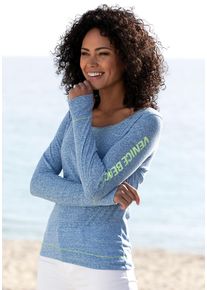 Langarmshirt Venice Beach, Damen, Gr. 44/46, blau (blau, meliert), Jersey, Obermaterial: 60% Baumwolle, 40% Polyester, meliert, figurumspielend h&uuml;ftlang, Rundhals, Shirts Langarmshirt, mit sportlichem Logoprint, sportlich-casual, Topseller