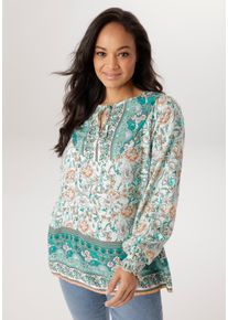 Schlupfbluse ANISTON PLUS, Damen, Gr. 52, t&uuml;rkis, braun, wei&szlig;, schwarz, Web, Obermaterial: 100% Viskose, bedruckt, gebl&uuml;mt, gemustert, figurumspielend Po-bedeckend, Rundhals, Raglan&auml;rmel Volant mit Gummizug, Blusen Schlupfbluse, in Blumendessin - NEUE KOLLEKTION